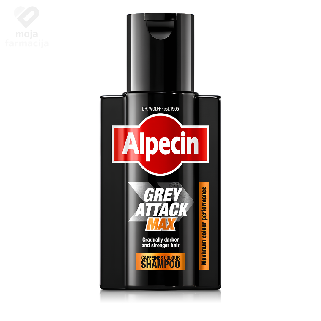 Alpecin Grey Attack MAX kofeinski šampon za postepeno potamnjivanje sijede kose.