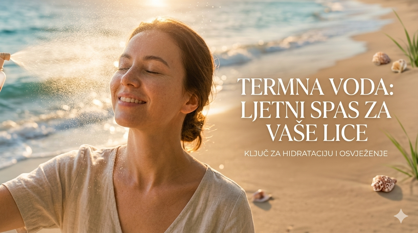 Djevojka na pješčanoj plaži prska termalnu vodu na lice tokom zalaska sunca, sa tekstom Termalna voda Ljetni spas za vaše lice