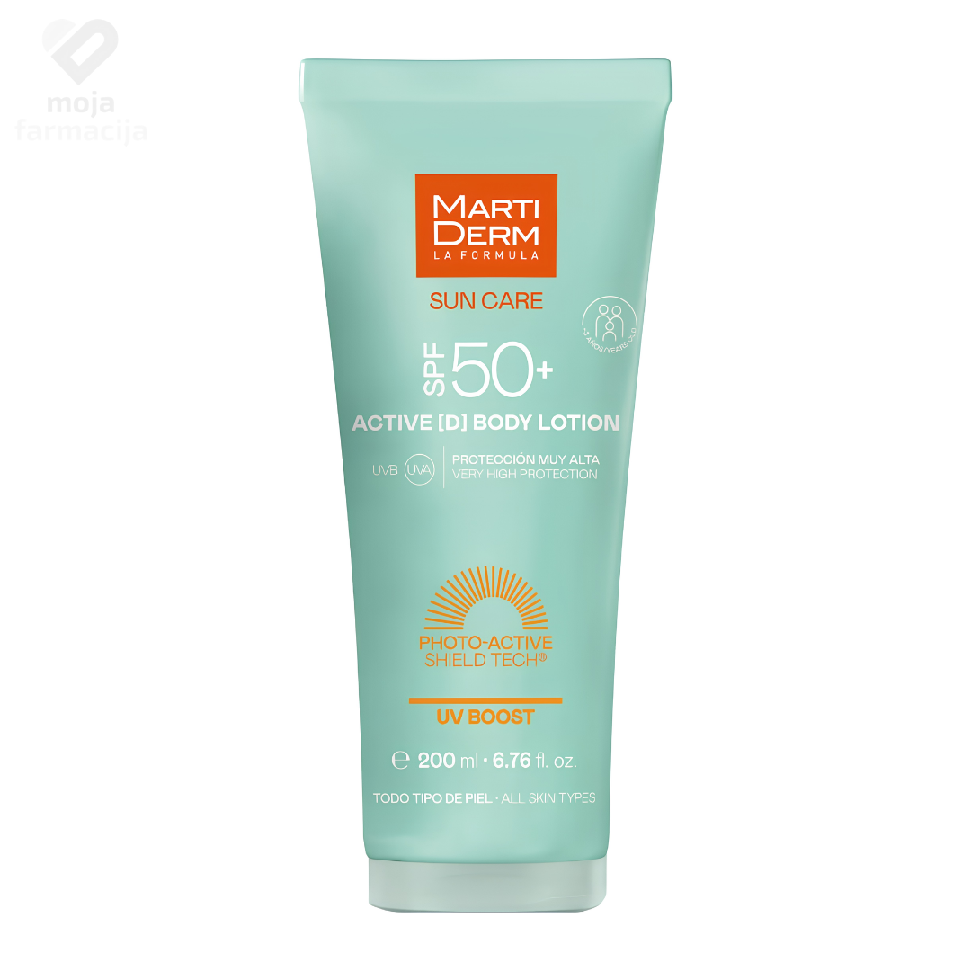 MartiDerm Sun Care SPF 50+ Act MartiDerm Sun Care SPF 50+ Active D lagani porodični losion za zaštitu tijela od sunca.