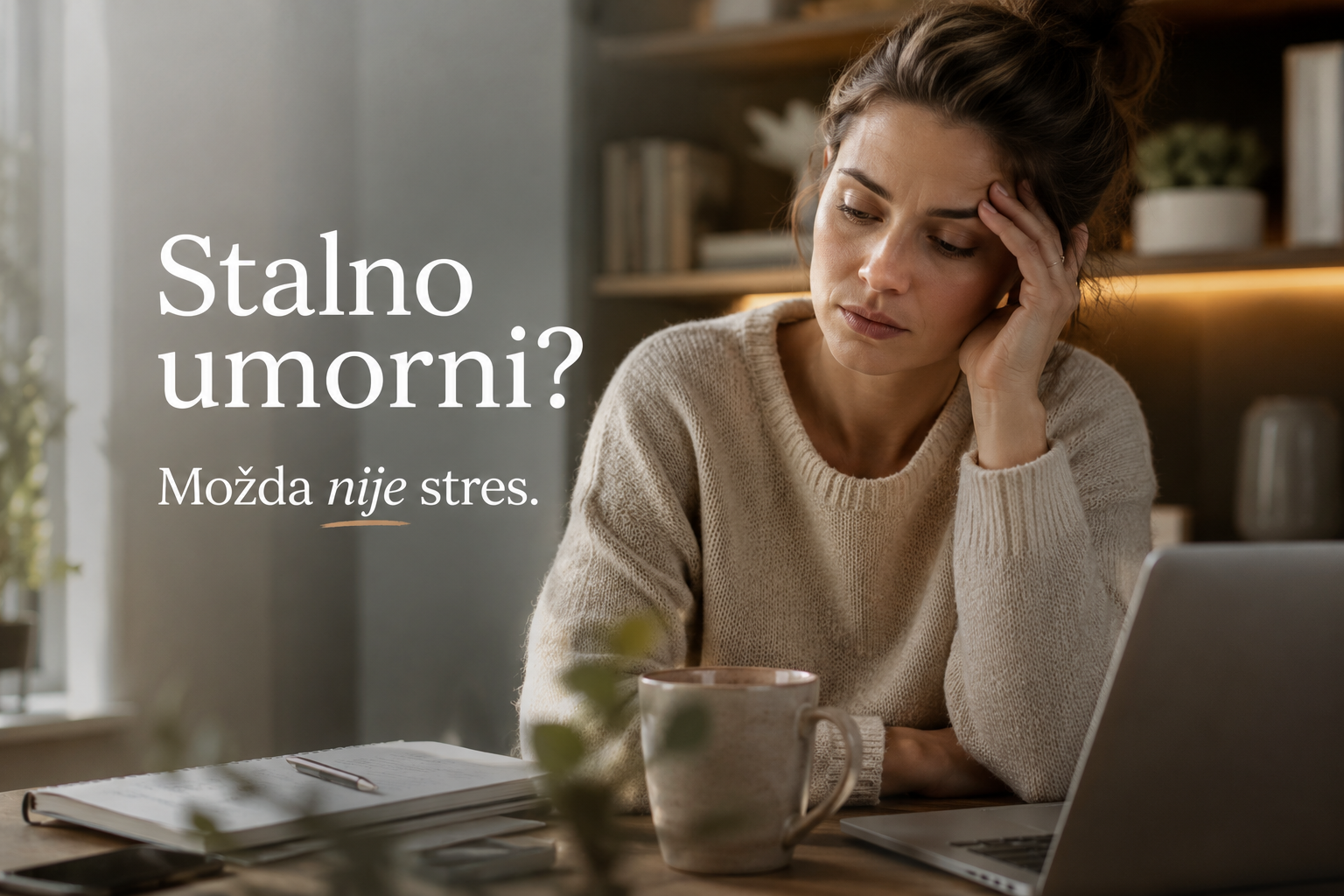 Žena koja pokazuje simptome hroničnog umora, mentalne magle i nedostatka energije povezanih s manjkom vitamina B12.