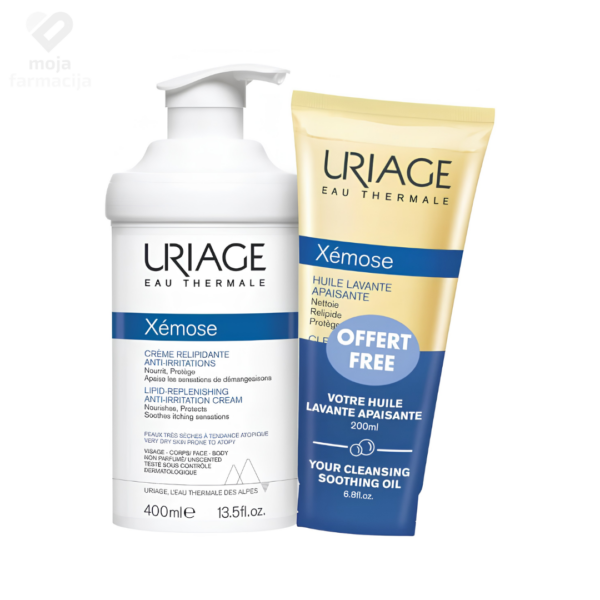 Uriage Xémose promotivno pakovanje koje sadrži relipidnu kremu protiv iritacija od 400ml u inovativnoj airless boci i gratis umirujuće ulje za pranje od 200ml.