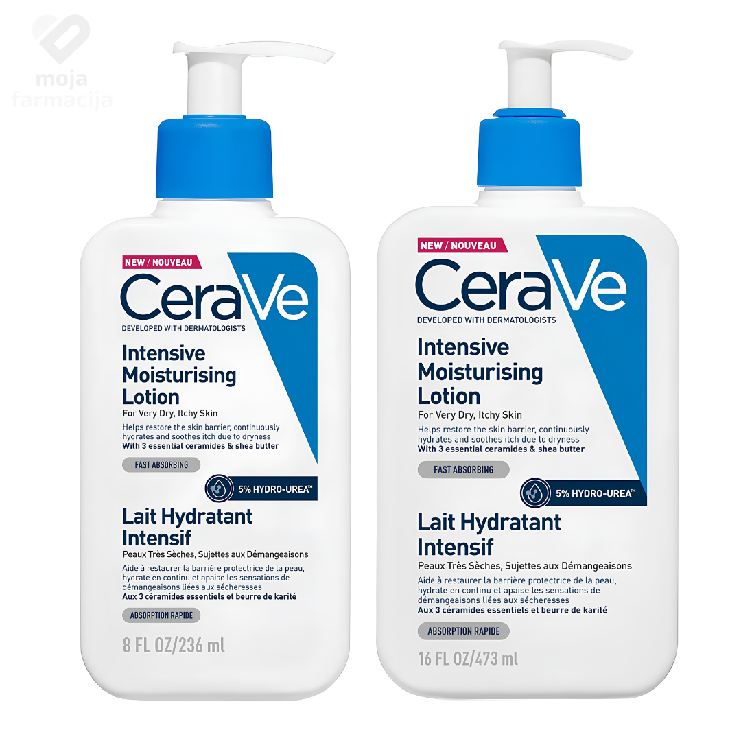 CeraVe intenzivni hidratantni losion za suhu do vrlo suhu kožu, formula sa Hydro-Urea kompleksom, shea maslacem i 3 esencijalna ceramida. CeraVe intenzivni hidratantni losion za suhu do vrlo suhu kožu, formula sa Hydro-Urea kompleksom, shea maslacem i 3 esencijalna ceramida.
