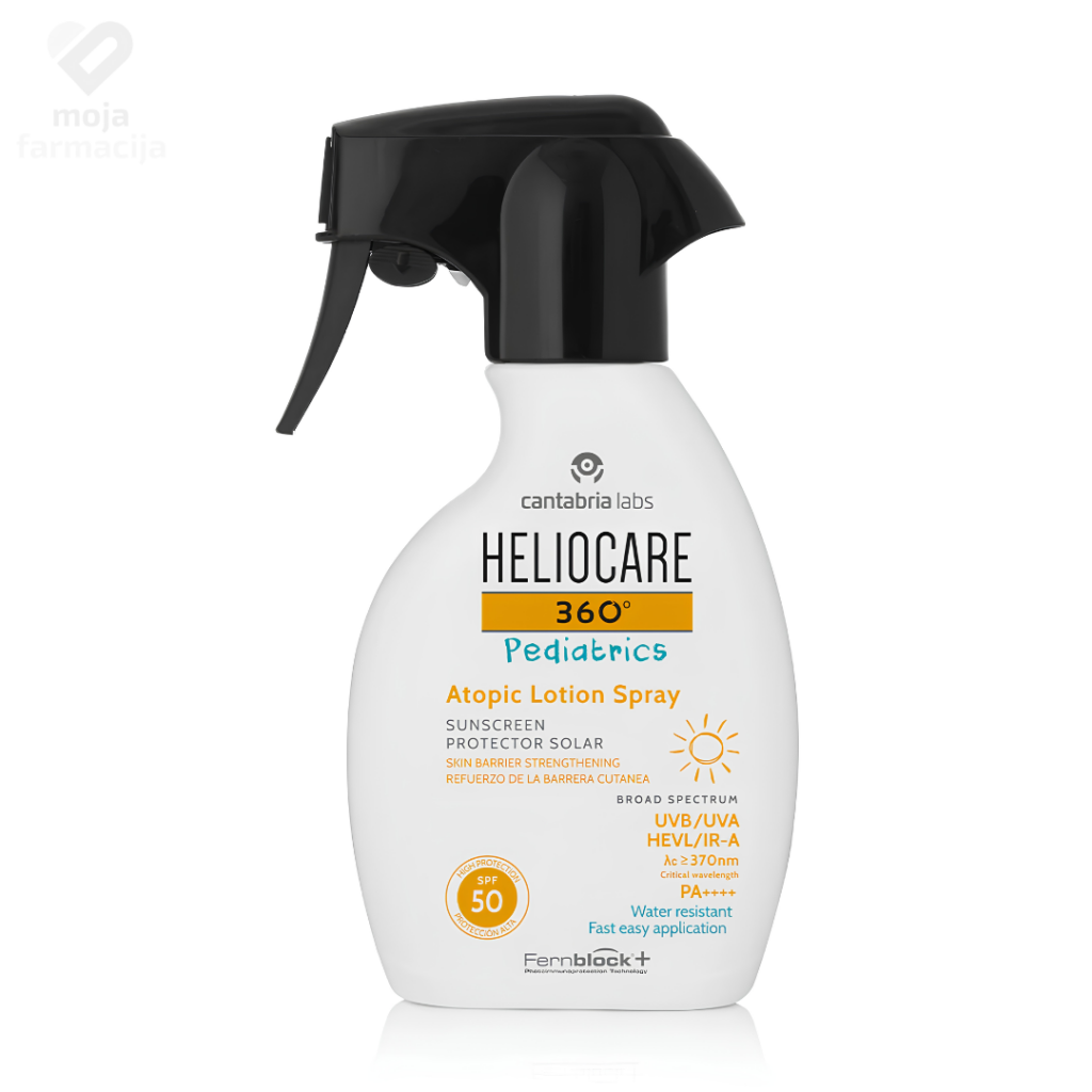 Heliocare 360 Pediatrics Atopic Lotion Spray SPF 50 u pakovanju od 250ml sa praktičnim pištolj raspršivačem.