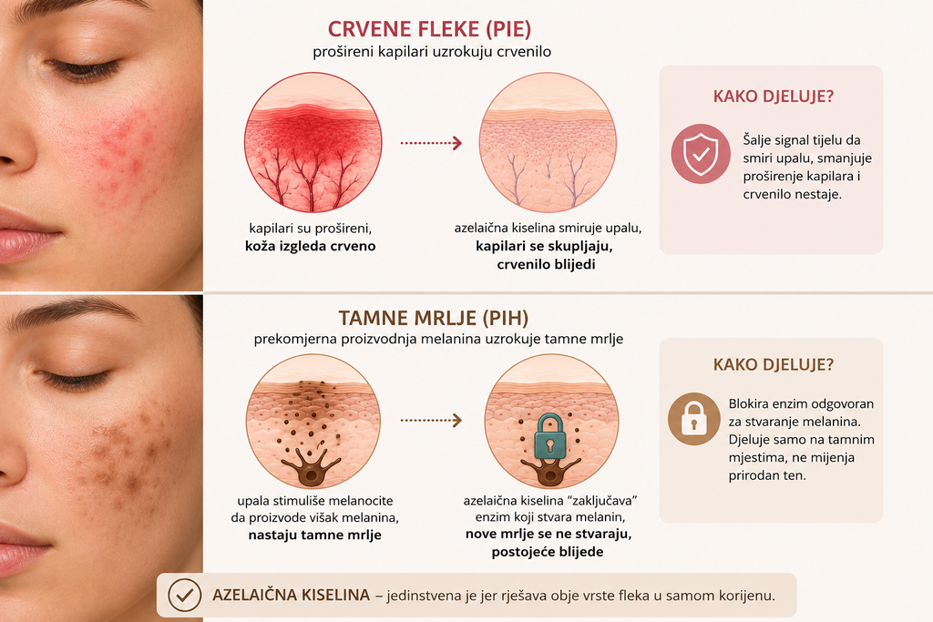 Infografika koja objašnjava kako azelaična kiselina uklanja crvene fleke i tamne mrlje od akni na licu