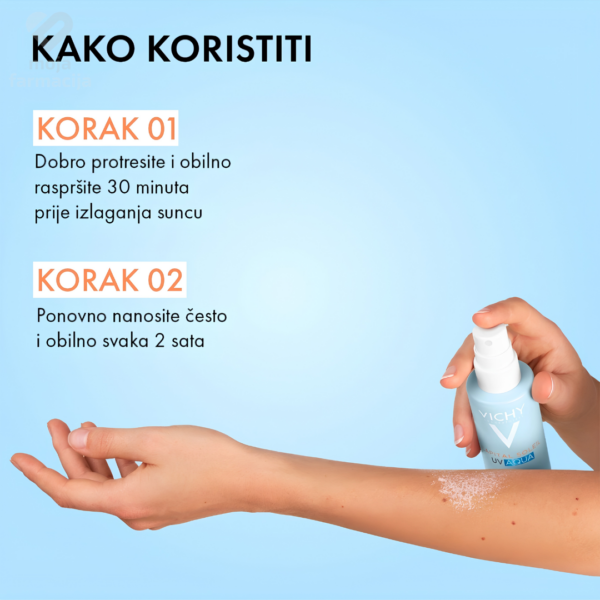 Lagana vodenasta tekstura Vichy UV Aqua SPF 50 spreja na koži.