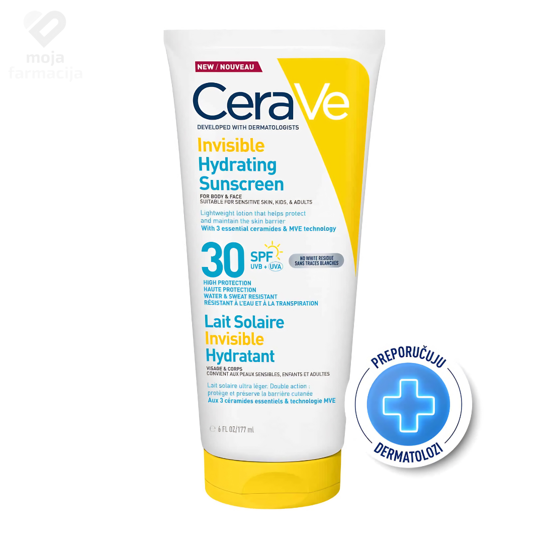 Prednja strana pakovanja CeraVe nevidljivog hidratantnog losiona sa zaštitnim faktorom SPF 30. Prednja strana pakovanja CeraVe nevidljivog hidratantnog losiona sa zaštitnim faktorom SPF 30.
