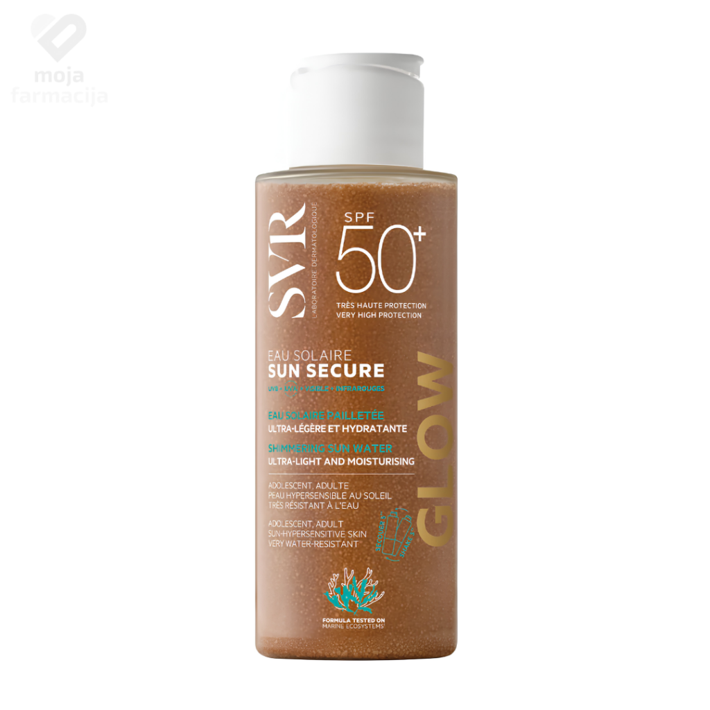 SVR Sun Secure Eau Solaire Glow SPF50+ dvofazna vodica za sunčanje u bočici od 100ml.
