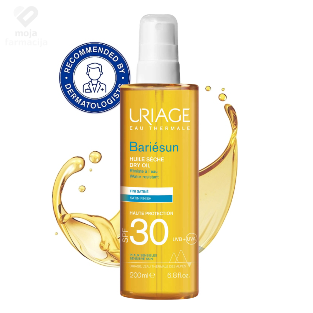 Uriage Bariésun suho ulje za sunčanje SPF 30 u prozirnoj narandžastoj bočici.