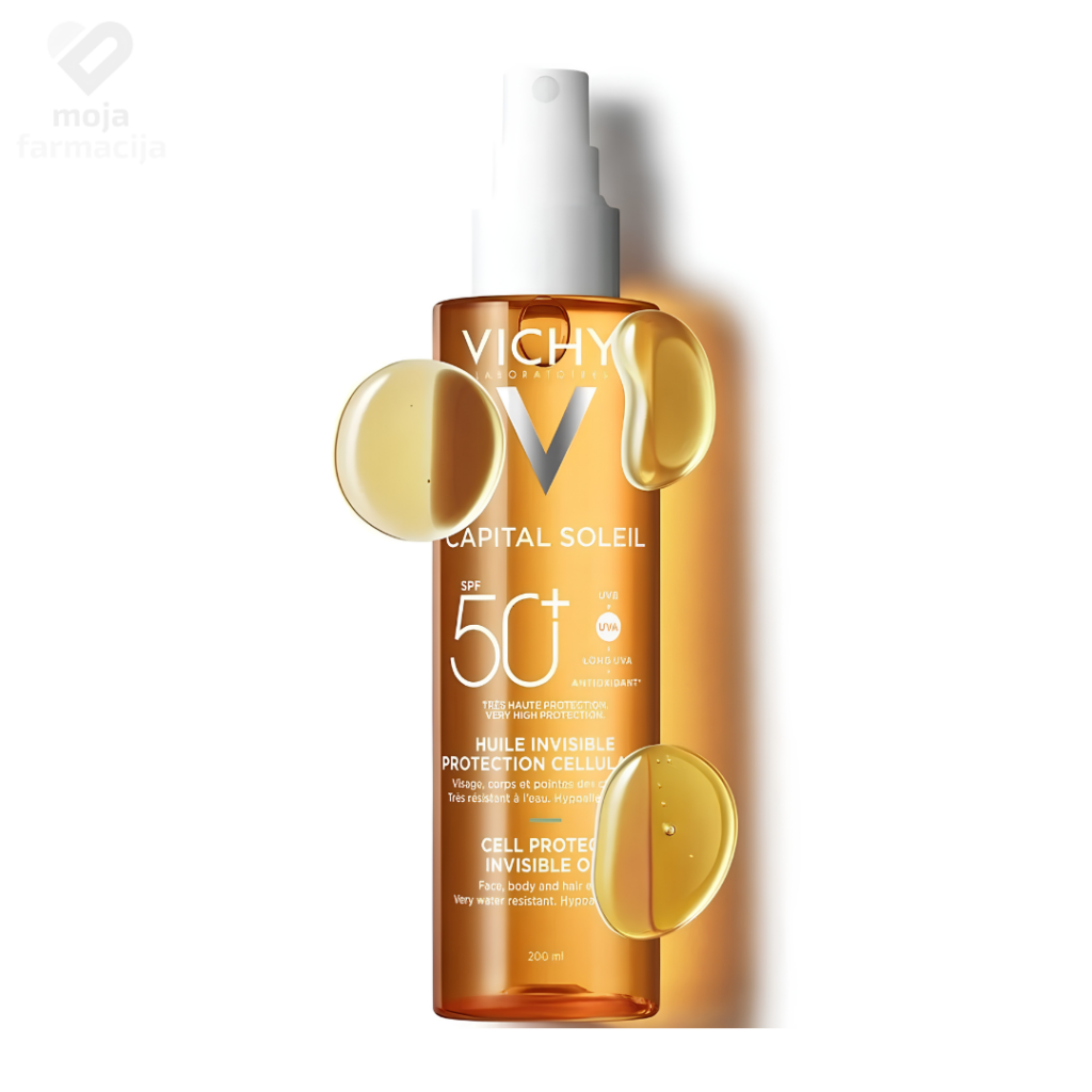 Vichy Capital Soleil Cell Protect zaštitno ulje SPF 50+ u elegantnoj bočici sa raspršivačem.