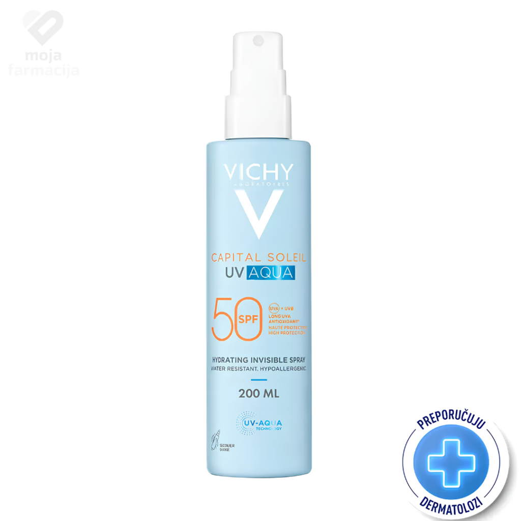 Vichy Capital Soleil UV Aqua hidracijski sprej SPF 50 u bočici s raspršivačem.