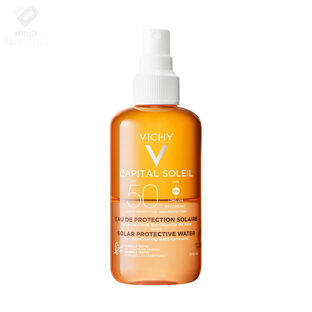 Vichy Capital Soleil vodica za zaštitu od sunca SPF 50 u bočici sa raspršivačem.