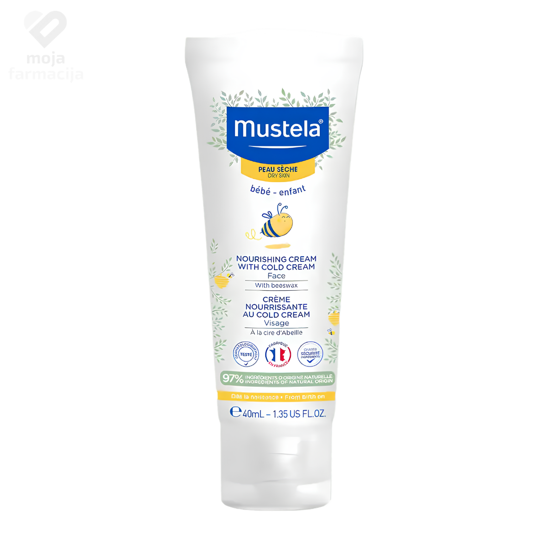 MUSTELA hranljiva krema sa kold kremom i pčelinjim voskom za suhu kožu lica beba od 1. dana. MUSTELA hranljiva krema sa kold kremom i pčelinjim voskom za suhu kožu lica beba od 1. dana.