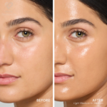 Prikaz Jane Iredale Glow Fixation SPF40 seruma u nijansi Light Medium to Medium na licu modela sa srednjim tonu kože.