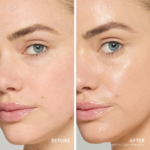 Prikaz Jane Iredale Glow Fixation SPF40 seruma u nijansi Light to Light Medium na licu modela sa svijetao do srednjim tenom.