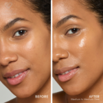 Prikaz Jane Iredale Glow Fixation SPF40 seruma u nijansi Medium to Medium Dark na licu modela sa preplanulim tenom.