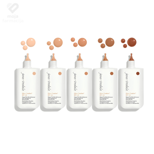 Swatch prikaz svih nijansi Jane Iredale Glow Fixation SPF40 toniranog seruma na koži radi lakšeg odabira odgovarajućeg tona.