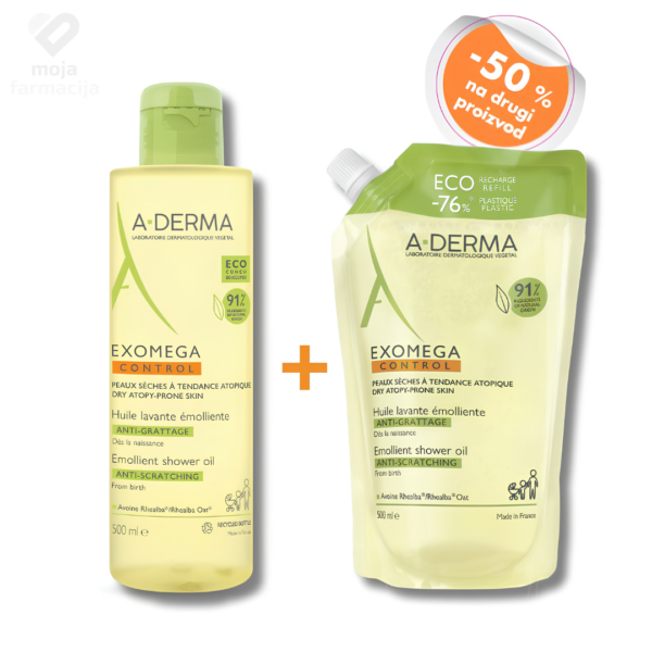 A-Derma Exomega Control ulje za tuširanje u promo pakovanju od 500ml i refill dopuni od 500ml sa 50% popusta na dopunu.