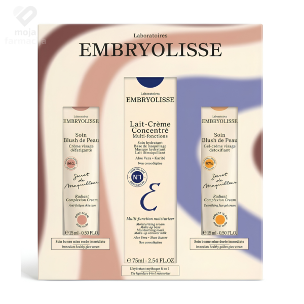 EMBRYOLISSE promo set za njegu lica sa koncentrovanom kremom za hidrataciju Lait Creme Concentre i dvije kreme za blistavost Rose i Abricot