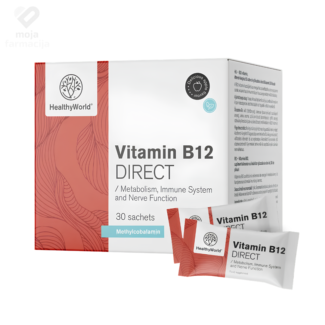 HealthyWorld Vitamin B12 DIREKT vrećice s okusom jabuke za brzo uzimanje bez tekućine HealthyWorld Vitamin B12 DIREKT vrećice s okusom jabuke za brzo uzimanje bez tekućine