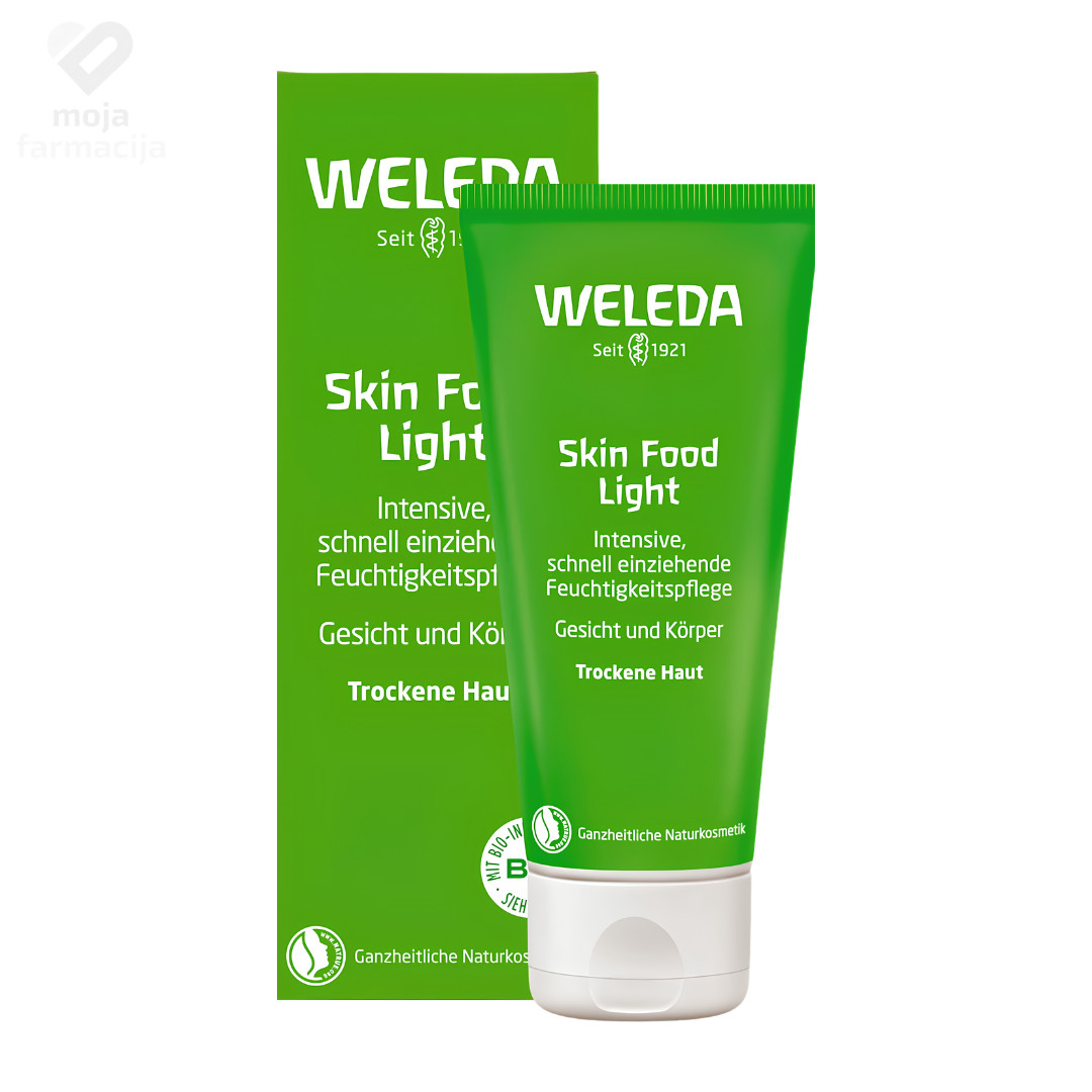 Weleda Skin Food Light lagana hidratantna krema od 75ml u tubi za brzo upijajuću njegu suhe kože lica i tijela. Weleda Skin Food Light lagana hidratantna krema od 75ml u tubi za brzo upijajuću njegu suhe kože lica i tijela.
